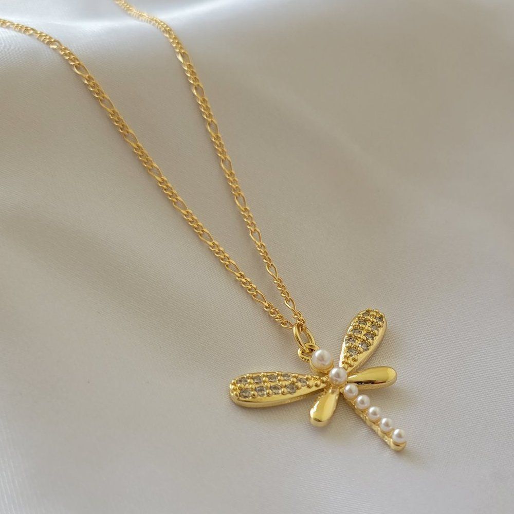Gold Filled Dragonfly Necklace Gold Figaro Chain Dragon Fly Pendant Necklace